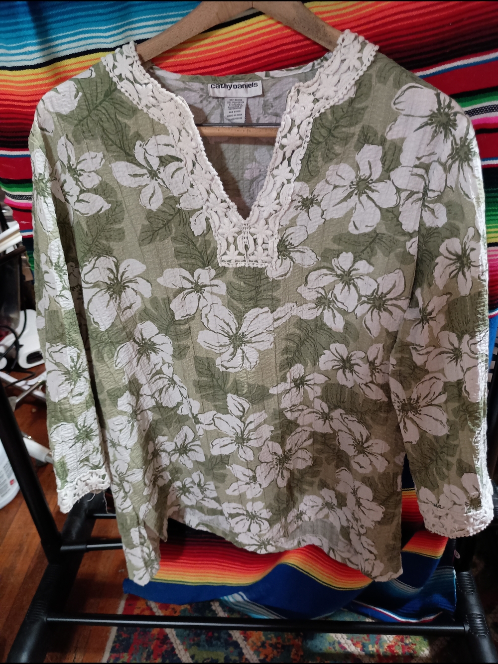 Cathy Daniels Olive Green and White Floral Lace V-Neck Tunic